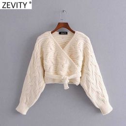 Zevity Women Vintage Cross V Neck Twist Crochet Short Knitting Sweater Femme Chic Hem Bow Tied Casual Cardigans Tops S685 210603