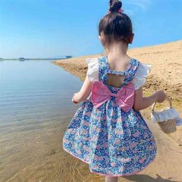 Girls Blue Floral Dress Summer Baby Thin Girl Child Backless Princess 210625