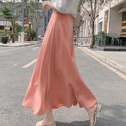 Korean Skirts Womens Elegant Chiffon Woman High Waist Plus Size Lady Solid A-line Long Midi Faldas Mujer Moda 210531