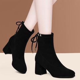 2021 Winter High Heels Ankle Boots Black Flock Woman Boot Back Cross-tied Ladies Shoes Plush Faux Suede Botas mujer Black 8762N