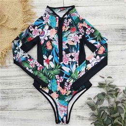 Swimsuit Sexy Long Sleeve Swimwear Women Print Bathing Suit Beach Wear Back Cut Swimming Suits Monokini 210702