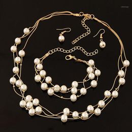 Earrings & Necklace Imitation Pearl Jewelry Sets Multilayer For Bridal Wedding Necklace/Bracelet/Earrings Set