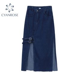 Long Denim Skirt Women Spring Autumn Vintage Elegant Casual Leisure A-line High Wasit Hipster Split Jeans Skirt Female 210310