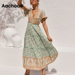 Aachoae Printed Long Maxi Dresses Women Summer V Neck Boho Beach DrFemale Ruffles Short Sleeve A Line Holiday Casual Dress X0621