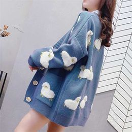 Cardigan Women Sweater Loose Oversize Long Sleeve Cartoon Sheep Elegant Tops Sweet Knitted Coat Jacket 211018
