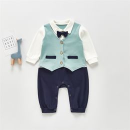 spring boy baby infant romper handsome fake two-piece gentleman romper bow tie jumpsuit baby boy clothes 210701