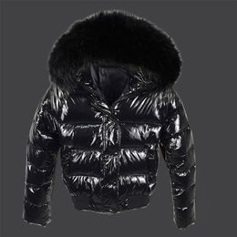 Fashion Bubble Coat Big Fur Collar Glossy Short Jacket Winter Autumn Waterproof Female Puffer Parkas Mujer 211216