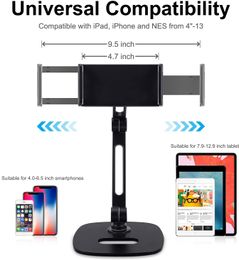 Adjustable Tablet Stand, Desktop Tablet Holder Mount Foldable Phone Stand with 360° Swivel Phone Clamp Mount Holder, Compatible with 4-13" Tablets (Black)