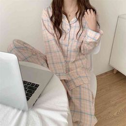 Spring and Summer Ladies Pajamas Plaid Cardigan Lapel Two-piece Suit Can Be Worn Outside Casual Loose Cute Girls Home Service 210830