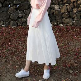 Women Vintage Pleated Midi Long Skirt Female Korean Casual High Waist Chiffon Skirts Summer Black White A-line skirt Jupe Faldas 210310