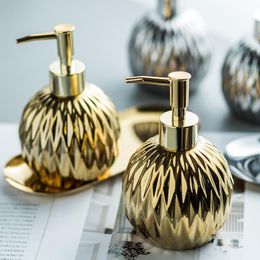 Bath Accessory Set Golden Rhombus Ceramic Electroplating Round Portable Shampoo Shower Gel Pot Soap Dispenser Bathroom Supplies 400ml Lotion