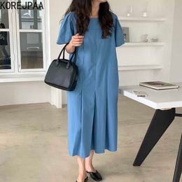 Korejpaa Women Dress Summer Korean Chic Ladies Retro Simple Square Collar Exposed Clavicle Pleated Design Loose Vestidos 210526