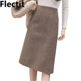 Flectit Fall Winter Warm Wool Houndstooth High Waist Pencil Midi Skirt Slim Knee Length Back Split Work Skirt Plus Size S- XXL 210310