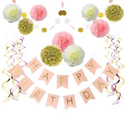 Paper Flower Ball Party Set Stamping Birthday Banner Black Gold Flowers Spiral Charm Decoration Sets 2 colors