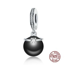 MOWIMO 100% 925 Sterling Silver Black Pearl Charms CZ Beads Fit Original Silver Bracelet Necklace For Women DIY Jewellery BKC572 Q0531