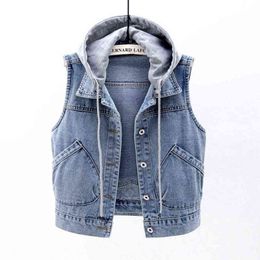 Denim Vest Women Short Spring Hooded Big Pocket Sleeveless Jacket All-Match Slim Top Cardigan S-XXXXL 220106