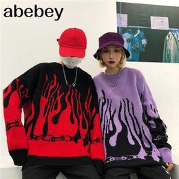 Autumn Winter Harajuku Flame Knitting Batwing Sleeve Sweater Casual Long Women Printed Loose Boyfriend Pullovers 210805