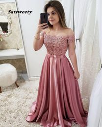 Elegant Hot Pink Satin A Line Prom Dresses Long Off Shoulder Women Party Formal Dress Evening Lace Appliques Beading Prom Gowns