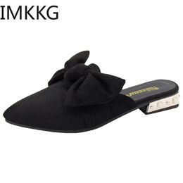 Women Slippers Flock Bowtie Female Mules Fashion Low Heels Shoes Pointed Toe Ladies Plus Size Elegant Woman Slipper Q00220 210310