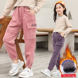 Winter Warm Sweatpants for Big Girls Casual Pants Plus Velvet Thickening Cotton Leggings for Kids Corduroy Cargo Pants 210303