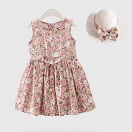 New Baby Cotton Girl Dress+Hat 2PCS Summer Kids Dresses for Girls Princess Dress Floral Country Style Children Clothes Q0716