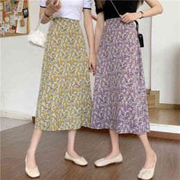 Yellow Floral Print Ruffle Pleated Long Skirts Summer Women Korean Style Streetwear Drawstring Elastic Waist Midi Skirt 210529