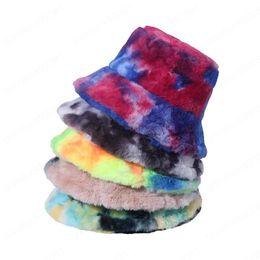 Fashion Tie Dye Winter Faux Fur Bucket Hat Women Outdoor Thick Warm Fisherman Hat Lady Girl Travel Plush Basin Cap Panama