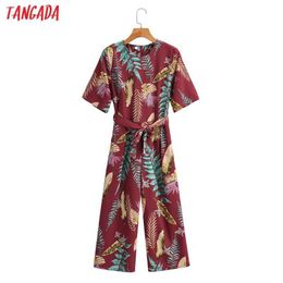 Tangada Women Leaves Print Long Jumpsuit Short Sleeve Pocket with Slash Female Casual Jumpsuit 1F206 210609