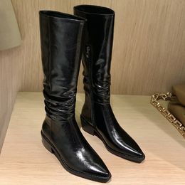Womens genuine leather thick med heel pointed toe side zip winter warm plush knee high boots high quality black slim shoes sale