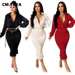 CM.YAYA Women Autumn Winter Button Up Long Sleeve Stacked Draped Mermaid Bodycon Dress Sexy Club Party Pencil Midi Dresses 210623