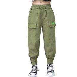 High Waist Cargo Pants for Kids Girls Cool Trousers Pocket Loose Cotton Sport Running For Teens Girl 5-14 Years 210527