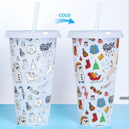 Creative love color changing cup 240oz/710ml PP beverage cold blue plastic water cup single color changing straw cup RRF11397