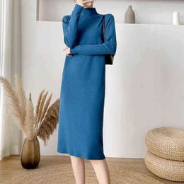 2021 autumn winter new Mock neck sweater dress women over the knee midi long-sleeved knitted dress elegant with inner bottoming Y1204