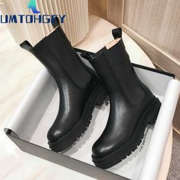 Genuel Leather 41 42 43 Luxury Chelsea Boots Women Platform Lady Boots Chunky Winter Shoes Short Ankle Boots Thick Heel Designer Y0914