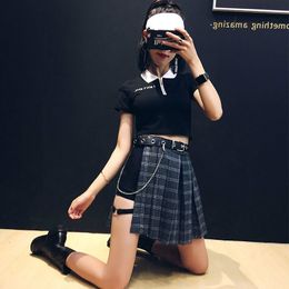 Summer High Waist Chains Belted Plaid Skirt Punk Female Irregular Pleated Goth Skirts Women Fashion Asymmetrical Skirts 210309