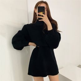 Weibliche Herbst Winter Lässige Strickwaren Kleid Lose Zwei Stück Set Solide Mock Neck Dicke Warme Gestrickte Pullover Frauen Lange Pullover 210922