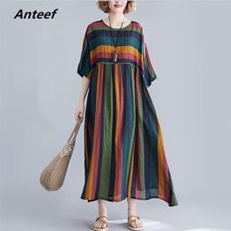 cotton plus size vintage stripe women casual loose long summer dress elegant clothes ladies dresses sundress 210309