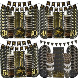 Disposable Dinnerware 49pcs Black Gold Dot Tableware Set 30 40 50 60th Years Adult Birthday Party Decoration Bronzing Anniversary Supplies