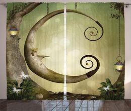 Curtain & Drapes Cartoon Curtains For Living Room Forest Secret Swing Old Tree Curly Half Moon Shaped Lamps Butterflies Print Window