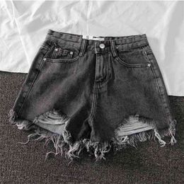 Women Wide Leg Hole Black Denim Shorts Casual Female Streetwear Loose Solid Color White Jeans 210719