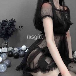 Kawaii Princess Nightwear One-word Shoulder Nightclub Tulle Seductive Sleeping Dress Womens Night Gown Sleepwear Sexy Lingerie 210924