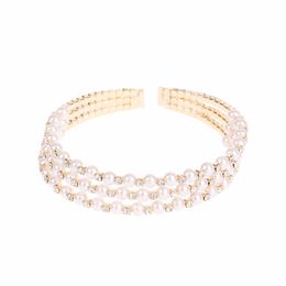 New Open Cuff Three Rows Pearl Bracelet Rhinestone Inlaid Adjustable for Best Friends Sisters Mother and Daughter Aic88 Q0719