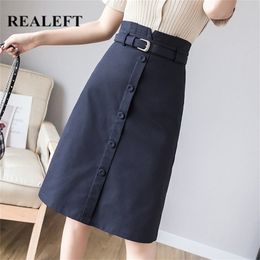 REALEFT New Spring Summer Work Wear Single Breasted Women Midi Skirts with Belt Korean OL Style High Waist A-Line Skirts 210310