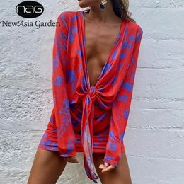 NewAsia Print Red Dress Tie up Long Sleeve Deep V Neck Mini Dresses for Women Casual Beach Party Wear Ladies Bodycon Vestidos 210316