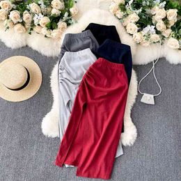 Solid Wrinkled Pleated High Waist Midi Skirt Women Slim Fit Sexy Split Casual Streetwear Lady Elegant 210603
