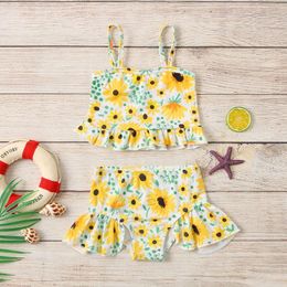 One Pieces Kids Girls Swimwear Summer Baby Ruffle Sunflower Print Straps Swimsuit Tops Shorts Two Piece Set Swimming Suit