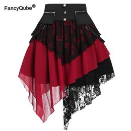 Curved Hem Lace Skirt Gothic Punk Zip Pocket Women High Waist Criss Patchwork Rock Belt Short Retro Skirt For Girls Plus Size 210309