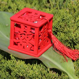 Chinese Red Wooden Laser Cut Wedding Candy Box with Tassels Bride Shower Double Happiness Wedding Favour Boxes