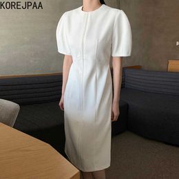 Korejpaa Women Dress Summer Korea Chic Minimalist Temperament Round Neck Pleated Design Solid Color Puff Sleeve Vestidos 210526