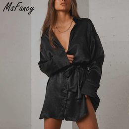 Msfancy Summer Shirt Dress Women Satin Long Sleeve Lace-up Vestidos De Mujer Casual Pajamas Robes 210604